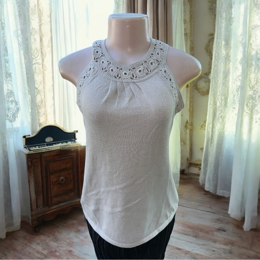 INC International Concepts Silk Blend Metallic Crochet Shell Top PM